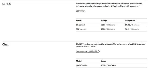 GPT-4和ChatGPT的API费用